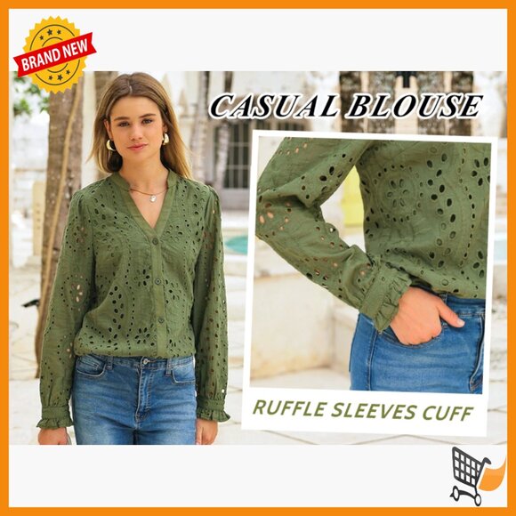 Long Sleeve Button Down Blouse with Floral Embroidery V-Neck Loose Fit - Picture 7 of 7